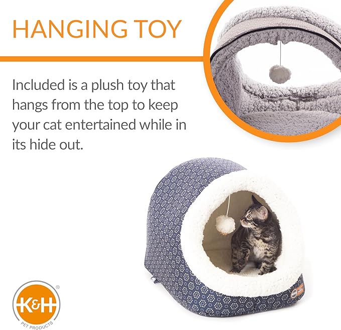 K&H Pet Products Thermo-Pet Cave Heated Cat Bed for Large Cats, Indoor Heated Warming Bed for Dogs & Cats, Covered Cave Pet Tent, Collapsible, Machine Washable, Safety Listed - 17 X 15 X 13in Navy