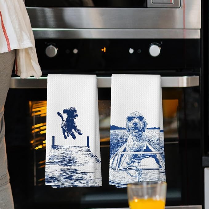 Lake House Decor Doodle Kitchen Towels Set of 2, Summer Funny Lake Dog Coastal Bathroom Hand Towel, Dog Lover Gifts Tea Towel Dish Towels 16x24 Inch