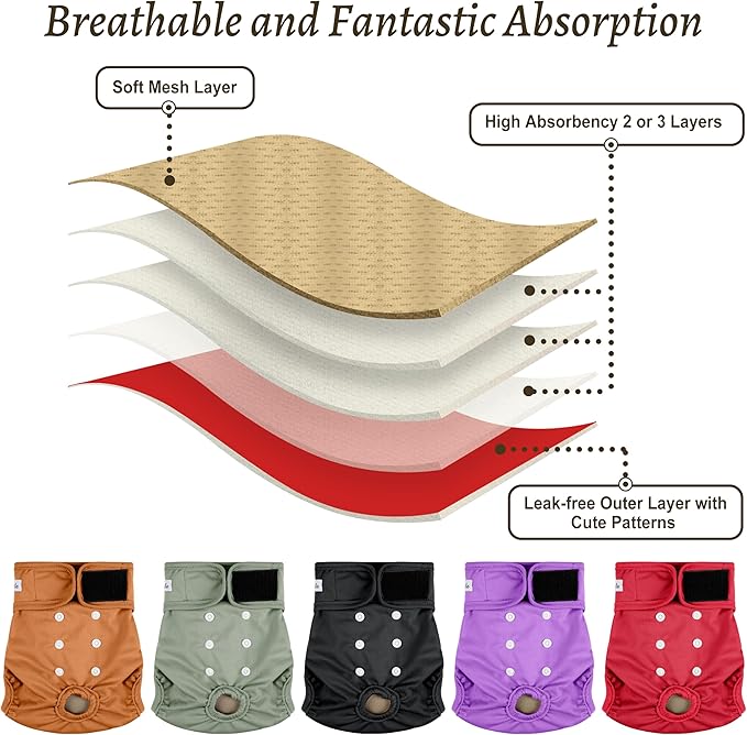 Female Dog Diapers 5Pcs - Premium Reusable Diapers for Doggie in Heat - Highly Absorbent Dog Diapers Female for Pet Incontinence, Red, S