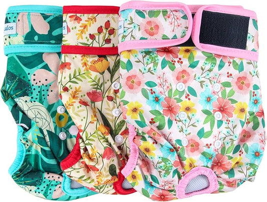 Leekalos Reusable Washable Dog Diapers Female (3 Pack) - Highly Absorbent Doggie Diapers - Size Adjustable Puppy Diapers for Dog Period Panties (X-Large, Flora)
