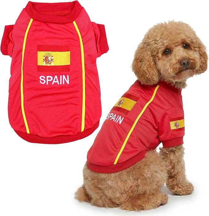 Parisian Spain Dog Jersey - Breathable Mesh Puppy Football Jersey - Lightweight Stretch Sporty Dog Clothes - Summer Shirts for Large Dogs - Soccer Jersey for Dogs - Sportswear Pet Clothes