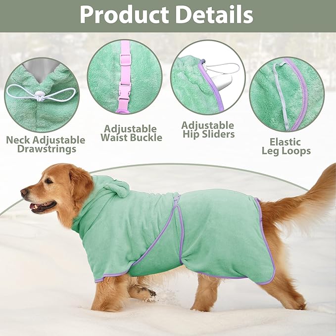 Dog Bathrobe Super Absorbent Towel Robe - Microfiber Bath Towels Fast Drying Coat for Dogs, Cute Dogs Clothes Adjustable Collar & Belly Strap Warm Keeping Hooded Dog Towel (Light Green, Medium)