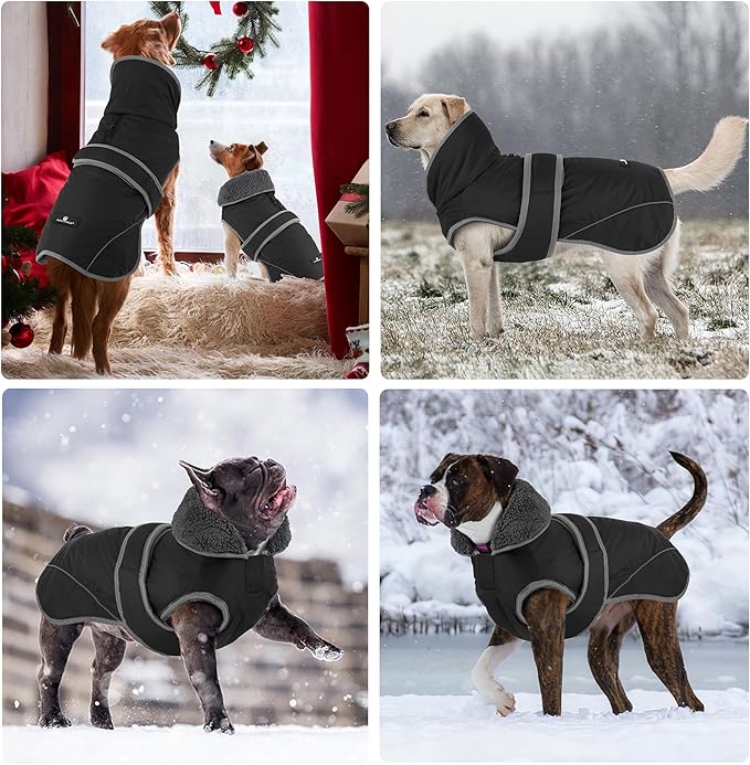Dogcheer Dog Coat, Waterproof Dog Jacket Reflective Pet Winter Coat with Adjustable Hook & Loop, Christmas Puppy Fleece Jacket Warm Turtleneck Snowsuit for Small Medium Large Dogs - Black, L