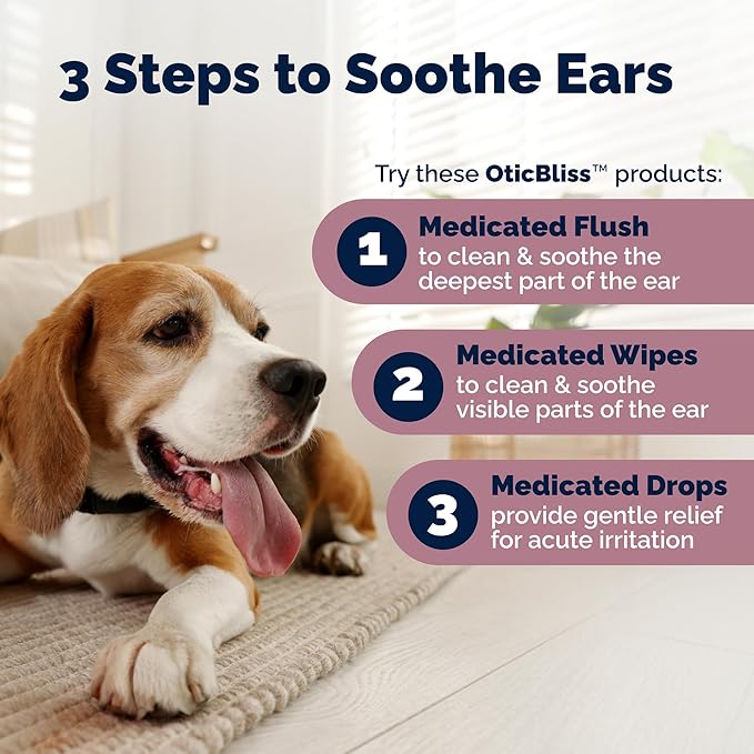 Vetnique Oticbliss Cat & Dog Ear Wipes - Dog Ear Infection Treatment or Dog Ear Cleaner Wipes for Dirty, Waxy, Smelly Dog Ears, Odor Control with Aloe Vera & Salicylic Acid (Medicated Ear Wipes)