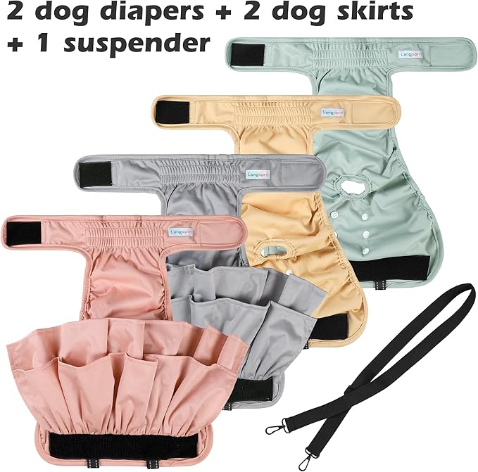 Washable Female Dog Diapers (4 Pack+1 Suspenders), Reusable Female Girl Doggy Doggie Puppy Wraps Panties Belly Band for Pet Heat Period Pooping Peeing Potty Training Incontinence Marking Large
