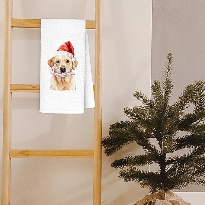 Christmas Labrador Retriever Kitchen Dish Towels, Labrador Retriever Gifts for Women, Funny Santa Hat Candy Cane Dog Holiday Decorative Hand Tea Towels for Bathroom, 16x24 Inch