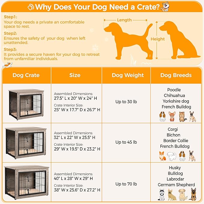 Yaheetech 27.5'' Dog Crate Furniture with Cushion Wooden Dog Crate with Double Doors/Adjustable Feet Side End Table for Small/Medium Dogs, Greige