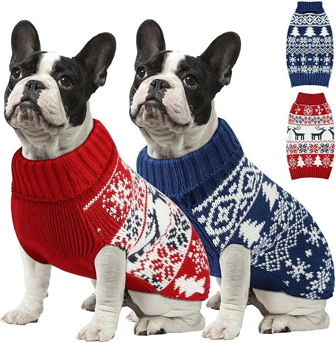 Christmas Dog Sweaters for Small Medium Large Dogs Girl, Soft Warm Pup Dogs Shirt, Turtleneck Double Knitting Collar for Outdoors Playing, Warm Dog Cat Clothes(Red+Blue,XX-Small)