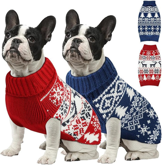 Christmas Dog Sweaters for Small Medium Large Dogs Girl, Soft Warm Pup Dogs Shirt, Turtleneck Double Knitting Collar for Outdoors Playing, Warm Dog Cat Clothes(Red+Blue,XX-Small)