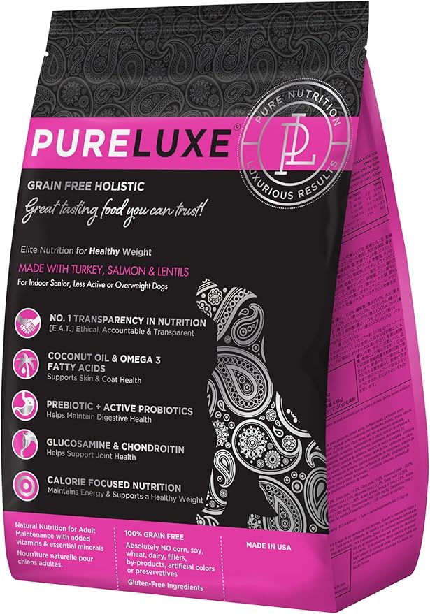 PURELUXE Grain and Gluten Free Dog Food, Healthy Weight Elite Nutrition, Turkey, Salmon and Lentils, for Indoor Senior, Less Active or Overweight Dogs at All Life Stages, Made in The USA, 22lbs