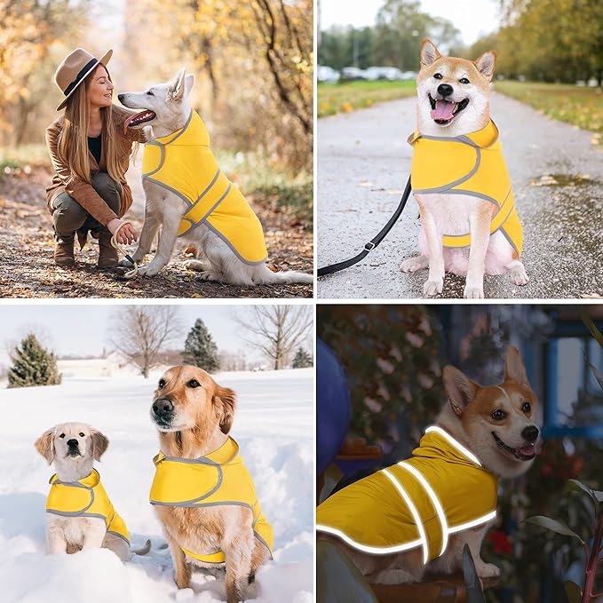 Dog Raincoat for Large Dogs Waterproof Jacket Hooded Rain Coats with Reflective Strips Leash Hole & Poncho Adjustable Fit (Yellow,L)