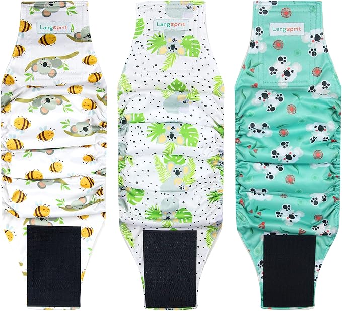 Langsprit Male Belly Bands for Dogs (Pack of 3) - High Absorbing Dog Wraps Male Washable - Reusable Small Doggy Doggie Puppy Dog Diapers (Koala, Small)