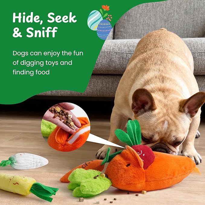 Nocciola Easter Squeaky Carrot Dog Toy Set– Hide and Seek 5 Small Carrots Inside a Large Plush Carrot with Squeaker & Crinkle Sounds for Small Medium Large Breeds, Spring Pet Gifts
