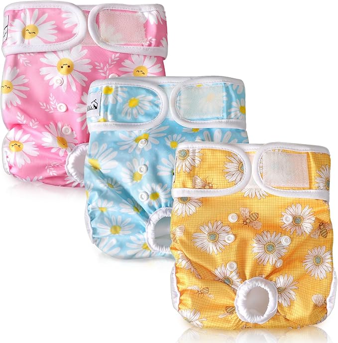 SlowTon Washable Dog Diapers Female - 3 Pack No Leak Reusable Doggie Puppy Diaper with Adjustable Buttons, Comfortable Female Dog Diapers for Heat Cycle Period Small Medium Large Dogs (L)
