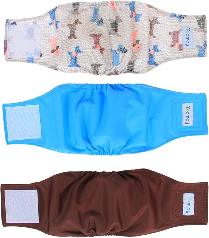Teamoy Reusable Wrap Diapers for Male Dogs, Washable Puppy Belly Band Pack of 3 (S, 10"-13" Waist, Light Blue+ Dogs+Coffee)