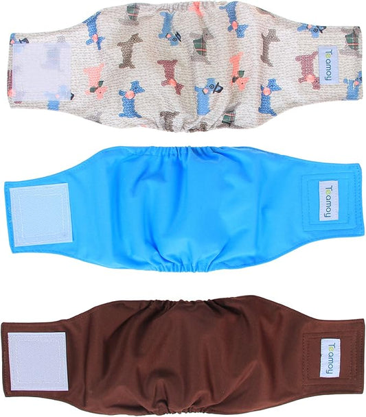 Teamoy Reusable Wrap Diapers for Male Dogs, Washable Puppy Belly Band Pack of 3 (S, 10"-13" Waist, Light Blue+ Dogs+Coffee)