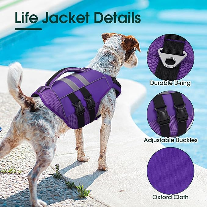 Kuoser XXL Dog Life Jacket, High Flotation Large Dog Life Vest for Swimming Boating, Reflective Dog Swimming Vest Pet Life Preserver with Rescue Handle, Purple XXL