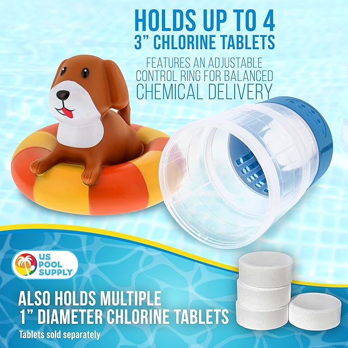 U.S. Pool Supply Puppy Dog Floating Pool Chlorine Dispenser, Collapsible Base, Holds 3" Tablets - 7" Fun Cute Happy Pet Life Preserver Animal Float Floater Decoration, Adjustable Balanced Delivery