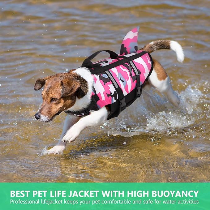 Queenmore Dog Life Jacket Pet Safety Vest High Buoyancy Camouflage Color Cute Shark with Strong Rescue Handle and Leash Ring for Boating, Canoeing, Surfing, Hunting, Pink L