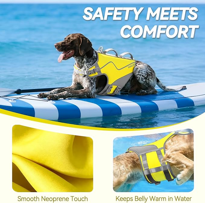 VIVAGLORY Neoprene Dog Life Vest, Dog Life Jacket for Swimming & Boating, Lightweight & Buoyancy for Puppy Doggy, Swimming Vest with Handle, XL, Yellow