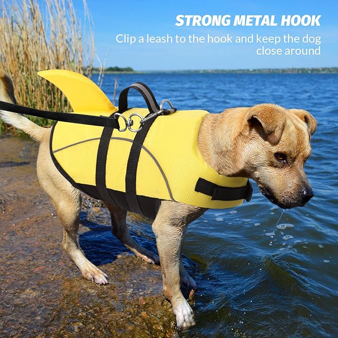 Queenmore Large Dog Life Jacket, Dog Life Vest for Swimming, Cute Shark Life Vest with Rescue Handle/Leash Hook, Safety Dog Lifevests for Boating/Kayaking, Pet Life Jackets for Big Dogs (Yellow,L)
