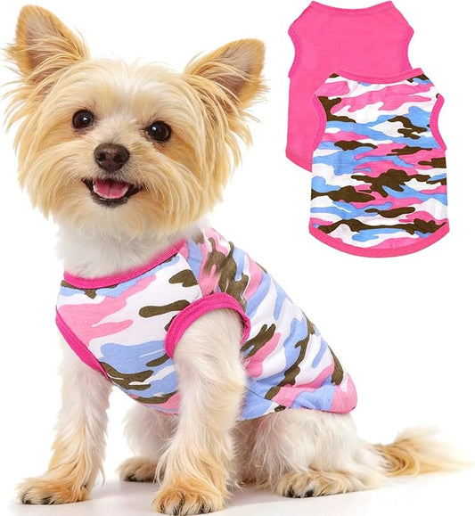2 Pack Puppy Clothes Dog Shirts for Small Dogs Girl Summer Camouflage Pet T Shirts Female Dog Clothes for Small Dogs Cats Chihuahua Yorkie Apparel Pink Camouflage + Solid Color (XXS)