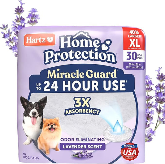 Hartz Miracle Guard Dog and Puppy Dog Pads Max Absorbency 24 Hour Use Odor Eliminating Lavender Scented No Leaks, X-Large Size 30 Count