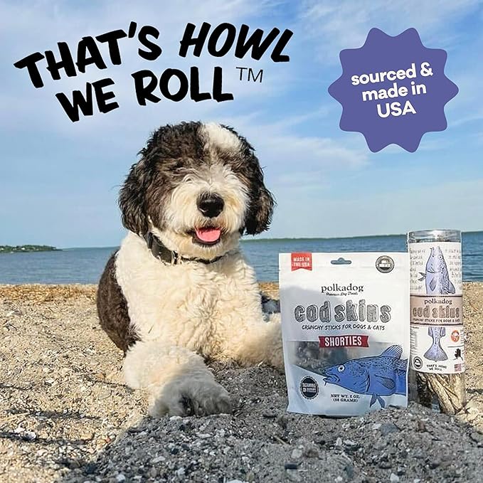 Polkadog Cod Skins for Dogs (12oz Shortie) - Single Ingredient, Wild-Caught Fish Skin Natural Dog Treat Chews. High in Lean Protein & Omega 3. Hypoallergenic, Grain Free. Handcrafted & Made in USA