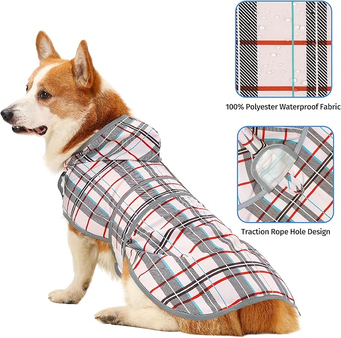 Dog Raincoat for Large Dogs Waterproof Jacket Hooded Rain Coats with Reflective Strips Leash Hole & Poncho Adjustable Fit (Plaid,L)