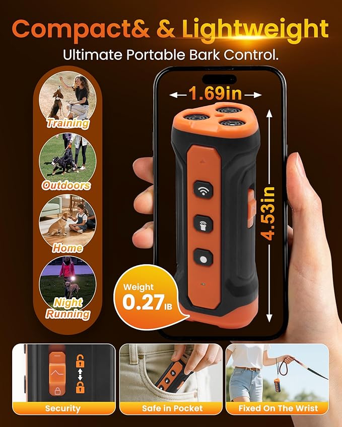 Sonic Bark Deterrents, Anti Barking Device for Dogs with 3X Sonic Emitters - 33ft Range, Rechargeable, 5 Modes, Humane & Portable Behavior Corrector for Indoor/Outdoor Use.
