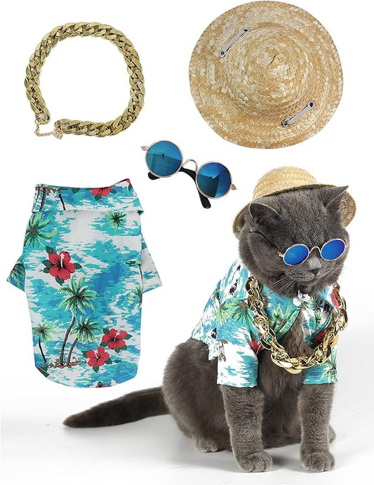 Hawaiian Dog T Shirts Pet Summer Clothes Cat Sunglasses Funny Straw Hat Kitten Costumes with Gold Chain Collar (Large,Cyan-Blue)