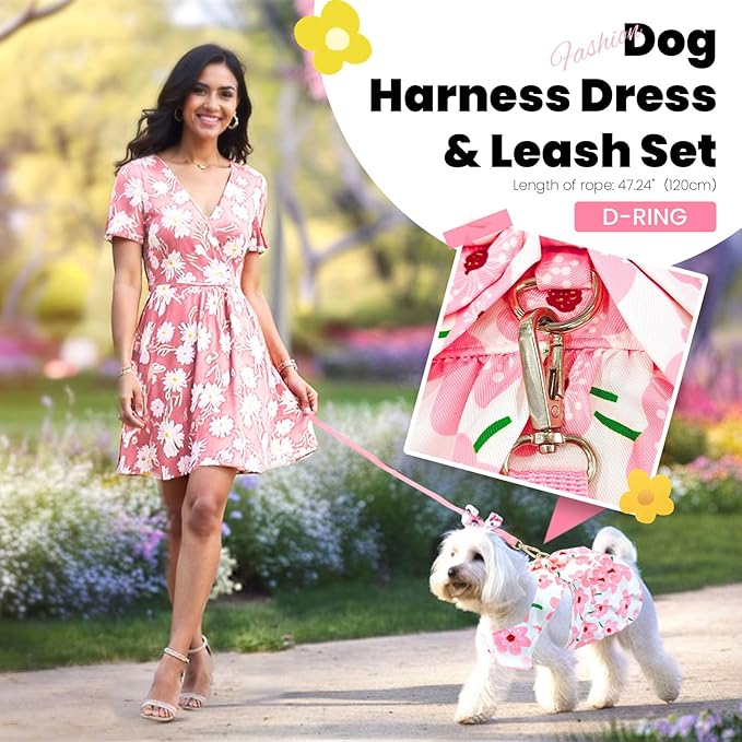 Cute Dog Dress Small Dog Clothes for Girls Female Puppy Outfits Floral Pet Summer Clothes Bowknot Doggy Harness Dress Cat Princess Dresses for Holiday Birthday Party (Pink Floral, Medium)