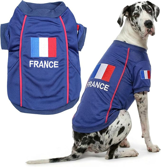 Parisian Pet Team France Dog Jersey - Breathable Mesh Puppy Football Jersey - Lightweight Stretch Sporty Dog Clothes - Summer Shirts for Large Dogs - Soccer Jersey for Dogs - Sportswear Pet Clothes