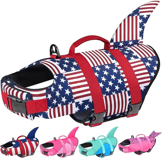 Malier Dog Life Jacket, Ripstop Dog Life Vest with High Buoyancy for Swimming Boating, High Visibility Shark Puupy Lifesaver for Small Medium Large Dogs (Plaid, Small)
