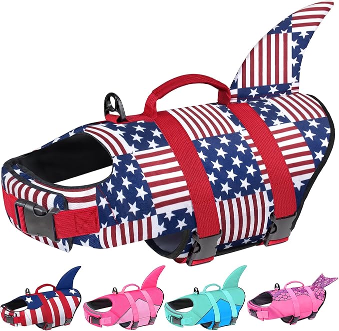 Malier Dog Life Jacket, Ripstop Dog Life Vest with High Buoyancy for Swimming Boating, High Visibility Shark Puupy Lifesaver for Small Medium Large Dogs (Plaid, Medium)