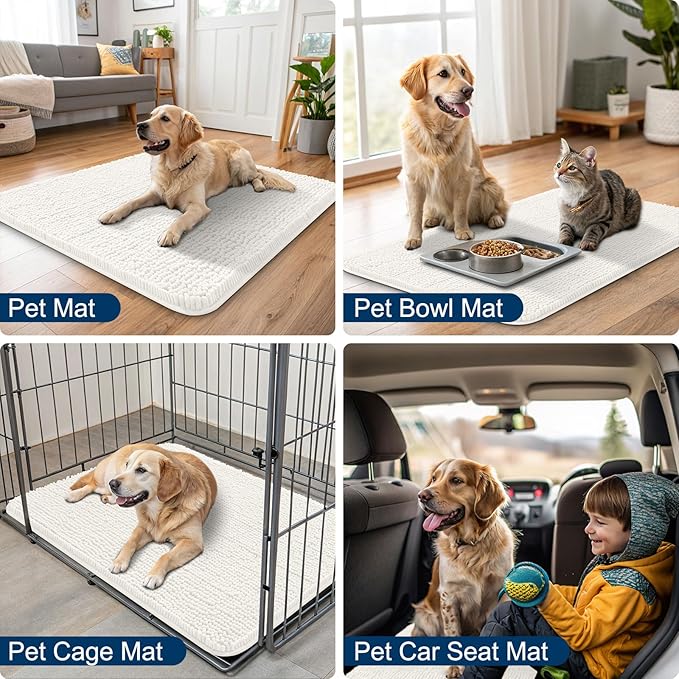 Smiry Dog Door Mat for Muddy Paws 59x24, Absorbs Moisture and Dirt Doormat, Non-Slip Washable Quick Dry Chenille Front Door Mat Indoor Entrance, Entryway Carpet for Inside Floor, Ivory