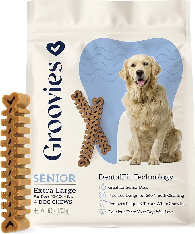 Groovies Gentle & Flexible Senior Dog Dental Chews, Contact-Cleaning Design Supporting Tartar Control & Fresh Breath, Oral Care Treats, USA Manufactured, Patented DentalFit Tech, XLarge Dogs, 4 Chews