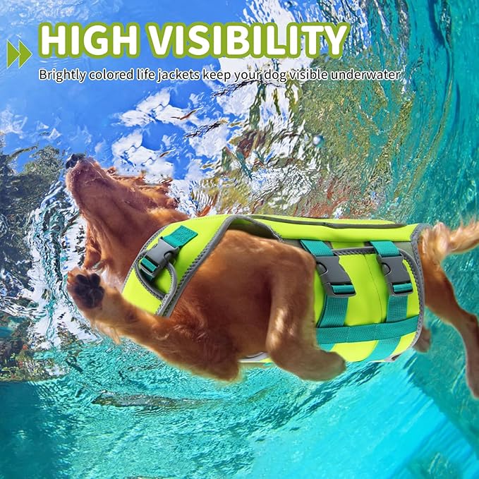 Dog Life Vest for Swimming, High Flotation Dog Life Jacket for Large Dogs Good Visibility Reflective Pet Floating Vest, Adjustable Neoprene Dogs Swimsuit with Rescue Handle (Green, L)