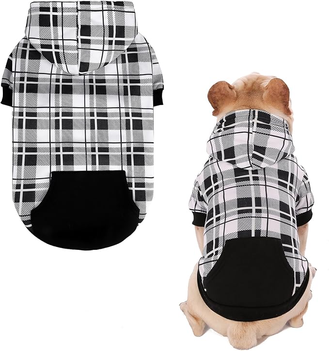 EXPAWLORER Plaid Dog Hoodie - British Style Warm Dog Sweater Shirt with Leash Hole,Pitbull Clothes Outfits,Winter Coat Apparel for All Breeds Puppy Girl Boy-Cat Apparel,Black & White Medium