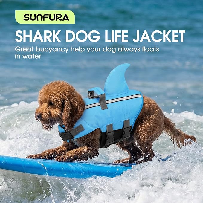 SUNFURA Dog Life Jacket Shark Life Vest for Dogs, Adjustable Swmming Vest with High Buoyancy, Safety Lifesaver with Rescue Handle for French Bulldog Small Medium Breeds, Blue L
