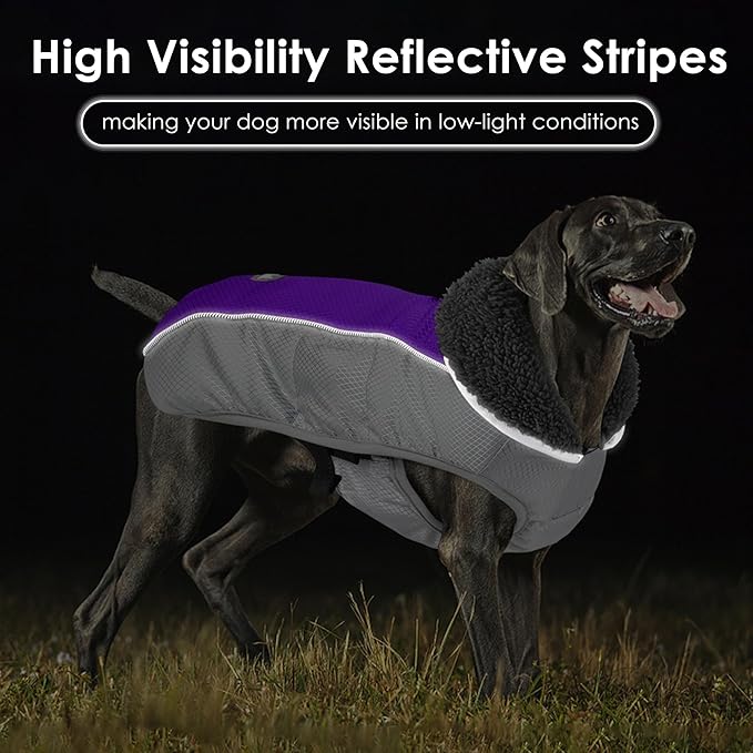 Dog Coat, Waterproof Ripstop Dog Winter Jacket with Leash Hole, Reflective Adjustable Warm Pet Fleece Snow Sweater for Small Medium Large Dogs - Purple, L