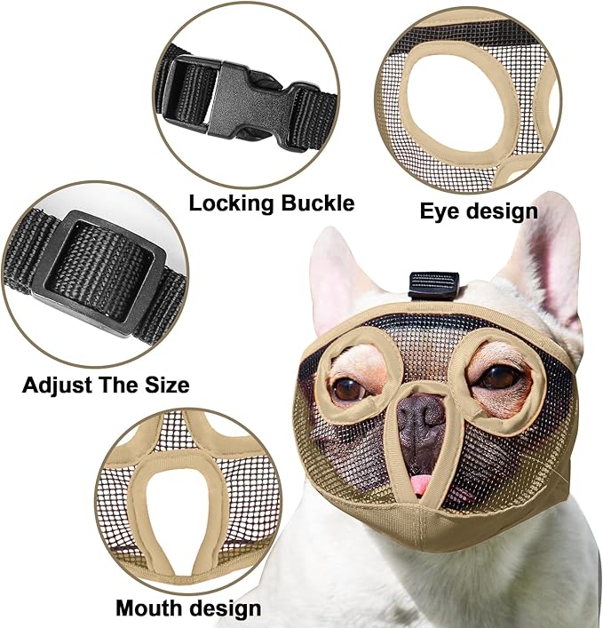 Short Snout Dog Muzzles- Adjustable Breathable Mesh Bulldog Muzzle for Biting Chewing Licking Training Grooming Dog Mask (Khaki, Small/9"-12")