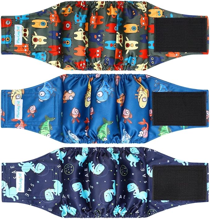 Paw Legend Washable Dog Belly Band Wrap Diapers for Male Dog | High Absorbing Puppy & Doggy Diapers Male (3 Pack, Small), PL-B-MP-1, Monster&Dinosaur&Fish