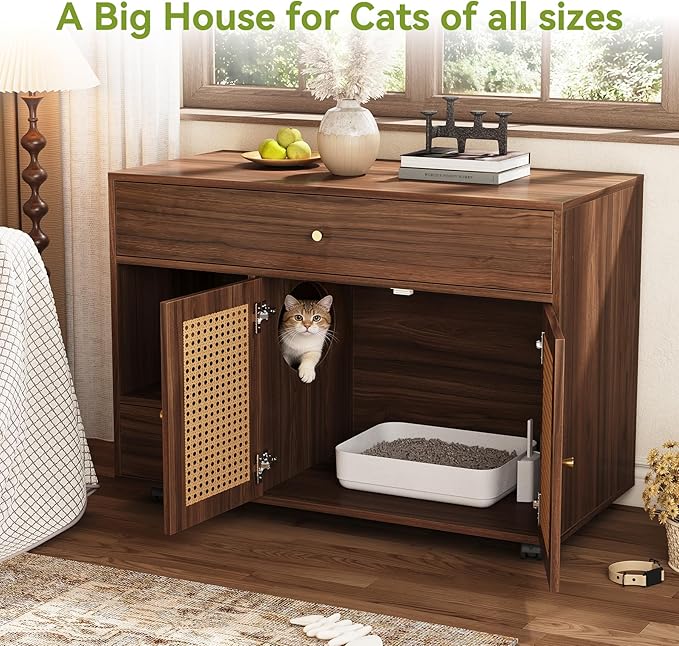 LITTLE TREE Wooden Cat Litter Box Enclosure with Wicker Doors, Hidden Litter Box Cabinet Furniture, Multi-Functional Storage Cabinet for Home Decor, Indoor Cats House for Privacy & Odor Control