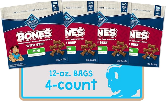 Blue Buffalo Bones Natural Crunchy Dog Treats Mini Dog Biscuits Beef, 12oz. Bag, 4 Count