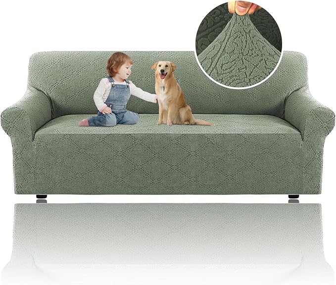 H.VERSAILTEX Jacquard Slip Covers for Sofas/Couches 1 Piece Super Stretch Sofa Covers Anti-Slip Furniture Protector Soft Thickened Dogs Slipcovers Washable Damask Pattern(Sofa, Sea Grass)