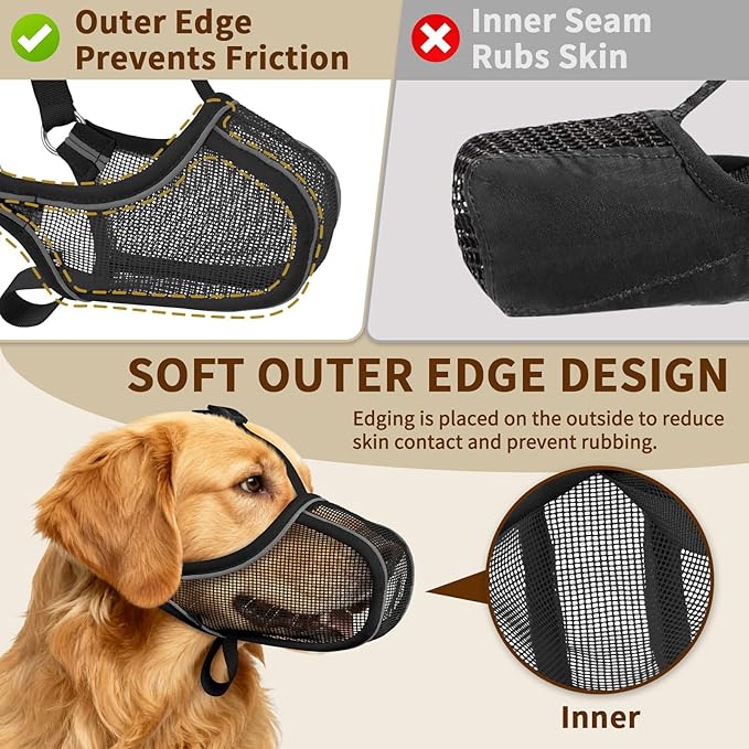Mayerzon Dog Muzzle to Prevent Biting Scavenging Chewing, Soft Mesh Puppy Muzzles for Small Medium Sized Dogs, Breathable Reflective Adjustable Mouth Guard for Grooming Walking Training (Black, S)
