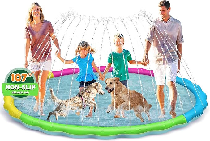 Splash Pad for Kids and Dogs, 107'' Extra Large Splash Pad for Toddlers 1-3 and Kids Ages 4-8, Non Slip Thicken Sprinkler Dog Pool Summer Outdoor Water Toys for Backyard