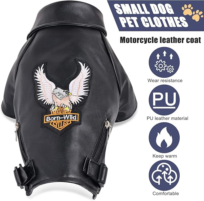 Warm Winter Dog Coat for Small and Medium Sized Dogs - Windproof and Waterproof Puppy Jacket - Cool Pet Clothes - Leather Jacket for Chihuahua and Yorkie - Black Large