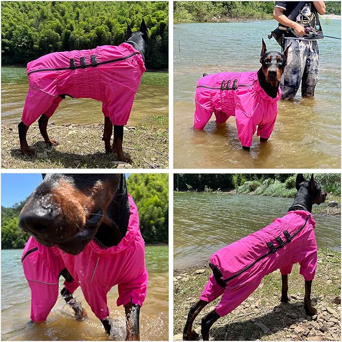 Lovelonglong Waterproof Dog Raincoat – 4-Leg Full Body Dog Rain Suit with Reflective Strips & Leash Opening, Outdoor Dog Jacket for Rainy Weather